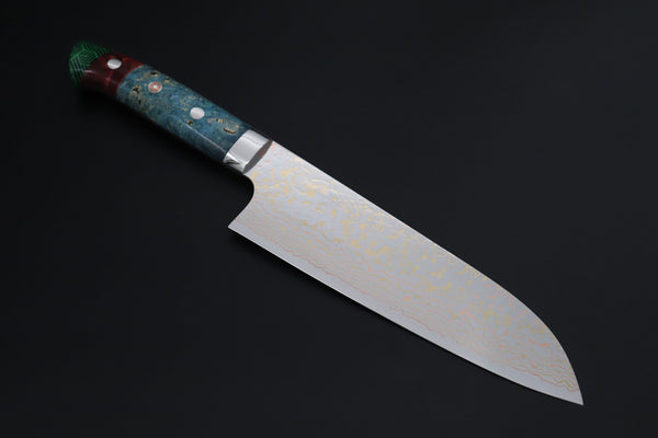 Takeshi Saji Santoku Takeshi Saji SUMMIT ― Limited Edition Custom Series SMT-1203 VG-10W磨 Multi-Colored Golden-Rainbow Damascus Santoku 180mm (7 Inch)