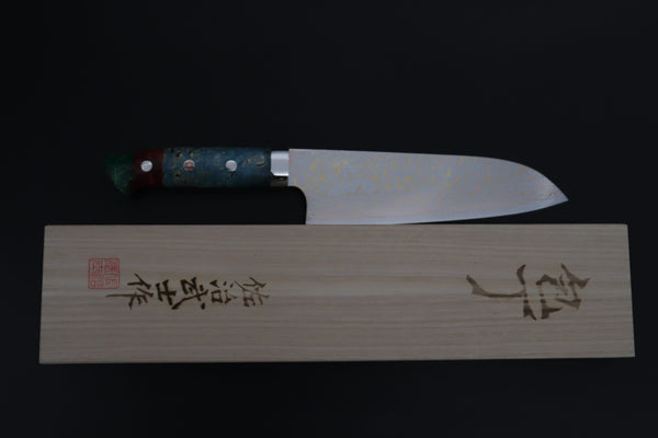 Takeshi Saji Santoku Takeshi Saji SUMMIT ― Limited Edition Custom Series SMT-1203 VG-10W磨 Multi-Colored Golden-Rainbow Damascus Santoku 180mm (7 Inch)