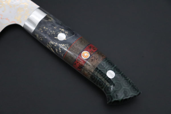 Takeshi Saji Santoku Takeshi Saji SUMMIT ― Limited Edition Custom Series SMT-1204 VG-10W磨 Multi-Colored Golden-Rainbow Damascus Santoku 180mm (7 Inch)