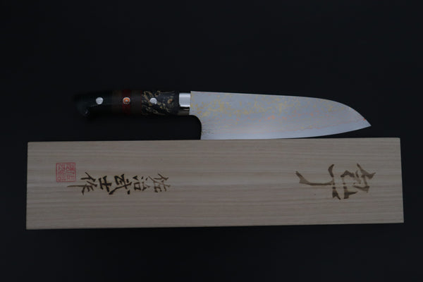 Takeshi Saji Santoku Takeshi Saji SUMMIT ― Limited Edition Custom Series SMT-1204 VG-10W磨 Multi-Colored Golden-Rainbow Damascus Santoku 180mm (7 Inch)