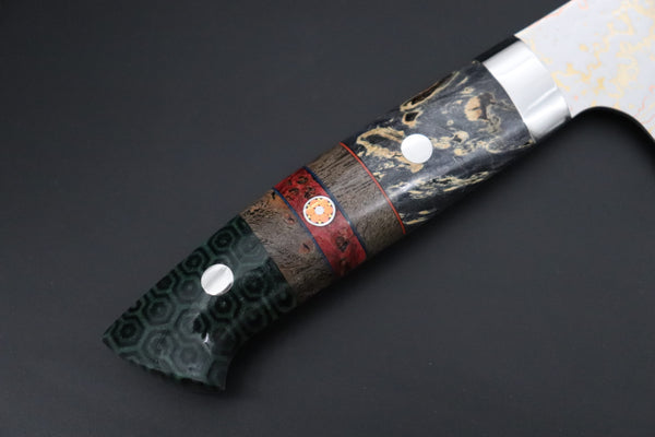 Takeshi Saji Santoku Takeshi Saji SUMMIT ― Limited Edition Custom Series SMT-1204 VG-10W磨 Multi-Colored Golden-Rainbow Damascus Santoku 180mm (7 Inch)