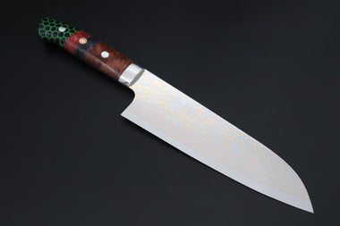 Takeshi Saji Santoku Takeshi Saji SUMMIT ― Limited Edition Custom Series SMT-1205 VG-10W磨 Multi-Colored Golden-Rainbow Damascus Santoku 180mm (7 Inch)