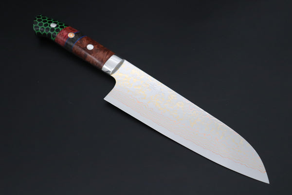 Takeshi Saji Santoku Takeshi Saji SUMMIT ― Limited Edition Custom Series SMT-1205 VG-10W磨 Multi-Colored Golden-Rainbow Damascus Santoku 180mm (7 Inch)