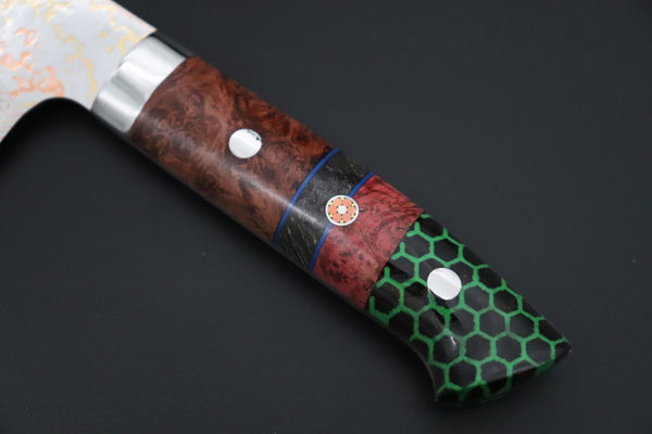 Takeshi Saji Santoku Takeshi Saji SUMMIT ― Limited Edition Custom Series SMT-1205 VG-10W磨 Multi-Colored Golden-Rainbow Damascus Santoku 180mm (7 Inch)