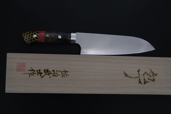 Takeshi Saji Santoku Takeshi Saji SUMMIT ― Limited Edition Custom Series SMT-1206 VG-10W磨 Multi-Colored Golden-Rainbow Damascus Santoku 180mm (7 Inch)