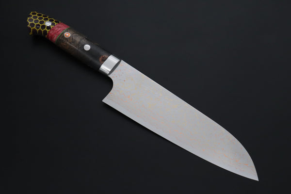Takeshi Saji Santoku Takeshi Saji SUMMIT ― Limited Edition Custom Series SMT-1206 VG-10W磨 Multi-Colored Golden-Rainbow Damascus Santoku 180mm (7 Inch)