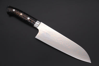 Takeshi Saji Santoku Takeshi Saji SUMMIT ― Limited Edition Custom Series SMT-977 VG-10W Multi-Colored Golden-Rainbow Damascus Santoku 180mm (7 Inch)