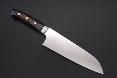 Takeshi Saji Santoku Takeshi Saji SUMMIT ― Limited Edition Custom Series SMT-979 VG-10W Multi-Colored Golden-Rainbow Damascus Santoku 180mm (7 Inch)