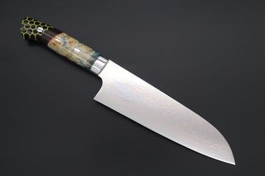 Takeshi Saji Santoku Takeshi Saji SUMMIT ― Limited Edition Custom Series SMT-980 VG-10W Multi-Colored Golden-Rainbow Damascus Santoku 180mm (7 Inch)
