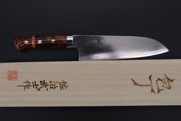Takeshi Saji Santoku Takeshi Saji SUMMIT ― Limited Edition Custom Series SMT-981 VG-10W Multi-Colored Golden-Rainbow Damascus Santoku 180mm (7 Inch)