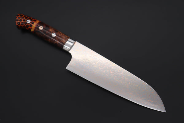 Takeshi Saji Santoku Takeshi Saji SUMMIT ― Limited Edition Custom Series SMT-981 VG-10W Multi-Colored Golden-Rainbow Damascus Santoku 180mm (7 Inch)