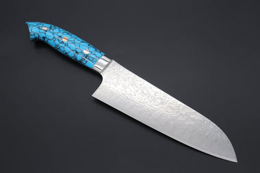 Takeshi Saji Santoku Takeshi Saji SUMMIT ― Limited Edition Custom Series Summer Edition SMT-1008 R-2 Custom Damascus Santoku 185mm (7.2 Inch, Ocean Blue Turquoise Handle)
