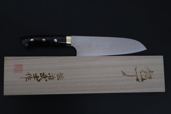 Takeshi Saji Santoku Santoku 180mm Takeshi Saji VG-10W Rainbow Damascus Series TS-7 Santoku 180mm (7 Inch, Black and Copper Texture Dupont Corian Handle)