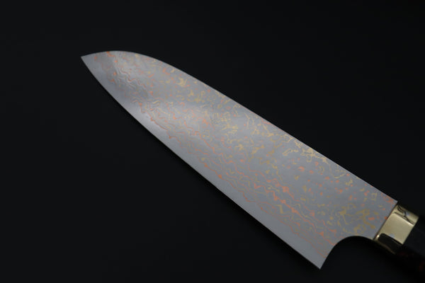 Takeshi Saji Santoku Santoku 180mm Takeshi Saji VG-10W Rainbow Damascus Series TS-7 Santoku 180mm (7 Inch, Black and Copper Texture Dupont Corian Handle)