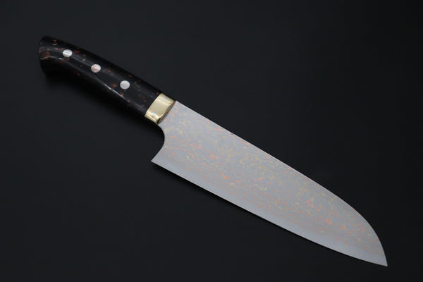 Takeshi Saji Santoku Santoku 180mm Takeshi Saji VG-10W Rainbow Damascus Series TS-7 Santoku 180mm (7 Inch, Black and Copper Texture Dupont Corian Handle)