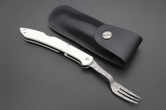 Takeshi Saji Steak Knife Takeshi Saji R-2 Damascus Folding Fork (White G-10 Handle, TS-130W)