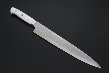 Takeshi Saji Sujihiki TS-18 Sujihiki 270mm (10.6 inch) Takeshi Saji R-2 Custom Diamond Damascus Series TS-18 Sujihiki 270mm (10.6 Inch, White Corian Handle)