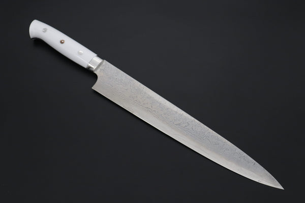 Takeshi Saji Sujihiki TS-18 Sujihiki 270mm (10.6 inch) Takeshi Saji R-2 Custom Diamond Damascus Series TS-18 Sujihiki 270mm (10.6 Inch, White Corian Handle)