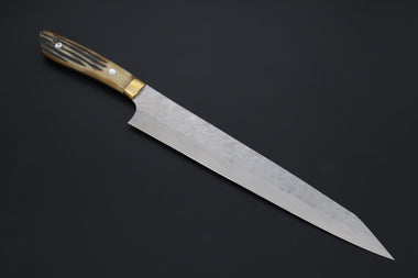Takeshi Saji Sujihiki Takeshi Saji SRS-13 Custom Hammered Forged Tsuchime Damascus, Custom Handmade Handle Series TS-15 Sujihiki 270mm (10.6 inch, Stag Bone Handle)