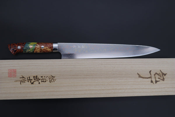 Takeshi Saji Sujihiki Takeshi Saji SUMMIT ― Limited Edition Custom Series SMT-1136 VG-10W磨 Multi-Colored Golden-Rainbow Damascus Sujihiki 270mm (10.6 Inch)