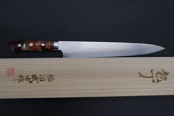 Takeshi Saji Sujihiki Takeshi Saji SUMMIT ― Limited Edition Custom Series SMT-1137 VG-10W磨 Multi-Colored Golden-Rainbow Damascus Sujihiki 270mm (10.6 Inch)