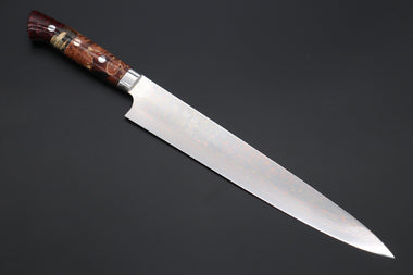 Takeshi Saji Sujihiki Takeshi Saji SUMMIT ― Limited Edition Custom Series SMT-1137 VG-10W磨 Multi-Colored Golden-Rainbow Damascus Sujihiki 270mm (10.6 Inch)