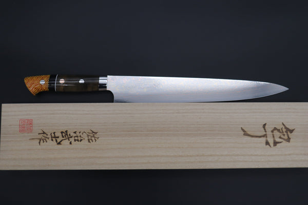 Takeshi Saji Sujihiki Takeshi Saji SUMMIT ― Limited Edition Custom Series SMT-1138 VG-10W磨 Multi-Colored Golden-Rainbow Damascus Sujihiki 270mm (10.6 Inch)