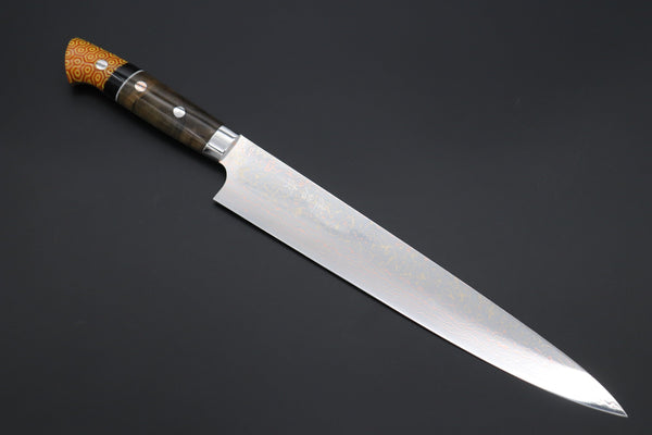 Takeshi Saji Sujihiki Takeshi Saji SUMMIT ― Limited Edition Custom Series SMT-1138 VG-10W磨 Multi-Colored Golden-Rainbow Damascus Sujihiki 270mm (10.6 Inch)