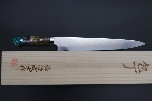 Takeshi Saji Sujihiki Takeshi Saji SUMMIT ― Limited Edition Custom Series SMT-1140 VG-10W磨 Multi-Colored Golden-Rainbow Damascus Sujihiki 270mm (10.6 Inch)