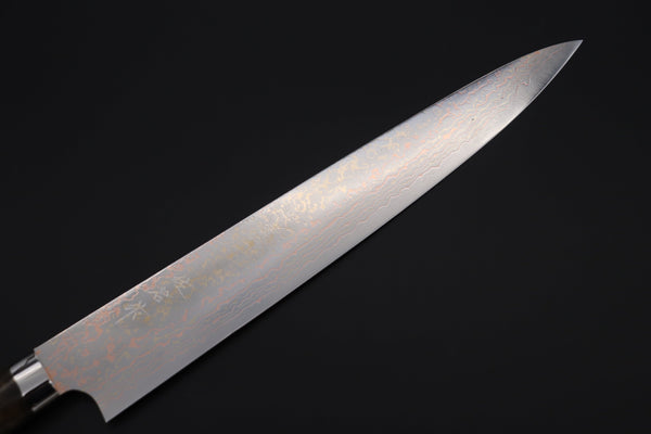 Takeshi Saji Sujihiki Takeshi Saji SUMMIT ― Limited Edition Custom Series SMT-1140 VG-10W磨 Multi-Colored Golden-Rainbow Damascus Sujihiki 270mm (10.6 Inch)