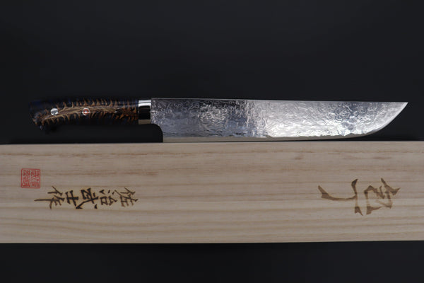Takeshi Saji Sujihiki Takeshi Saji SUMMIT ― Limited Edition Custom Series Summer Edition SMT-1019 R-2 Custom Damascus Katana Slicer 240mm (9.4 Inch, Ocean Blue Color Stabilized Spruce Cones Hybrid Wood Handle)