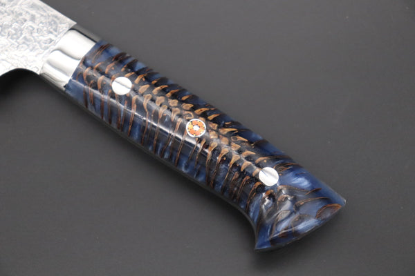 Takeshi Saji Sujihiki Takeshi Saji SUMMIT ― Limited Edition Custom Series Summer Edition SMT-1019 R-2 Custom Damascus Katana Slicer 240mm (9.4 Inch, Ocean Blue Color Stabilized Spruce Cones Hybrid Wood Handle)