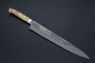 Takeshi Saji Sujihiki Sujihiki 270mm Takeshi Saji VG-10W Multi-Colored Golden-Rainbow Damascus Series TS-10 Sujihiki 270mm (10.6 Inch, Smooth Bone Handle)