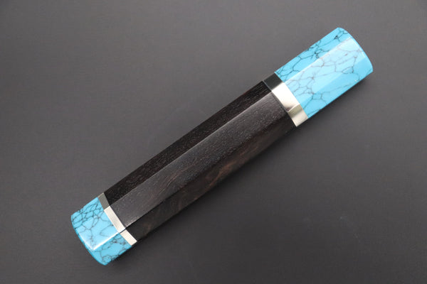 Takeshi Saji Wa Sujihiki TSBO-14 Wa Sujihiki 270mm (10.6inch) / 4. Octagonal Ebonywood Handle with Nickel Silver Spacers and a Turquoise Composite Stone Ferrule & Butt +US$130 “Build Your Dream Knife” Takeshi Saji VG-10 Custom "Silver Color" Nickel Damascus TSBO-14 Wa Sujihiki 270mm (10.6 Inch)