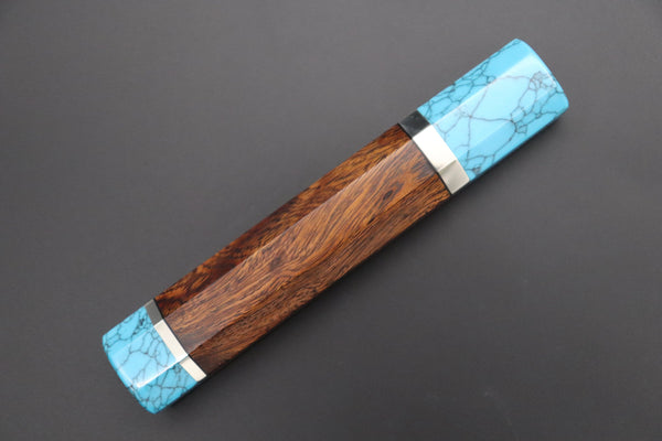 Takeshi Saji Wa Sujihiki TSBO-14 Wa Sujihiki 270mm (10.6inch) / 8. Octagonal Desert Ironwood Handle with Nickel Silver Spacers and a Turquoise Gem Composite Stone Ferrule & Butt +US$140 “Build Your Dream Knife” Takeshi Saji VG-10 Custom "Silver Color" Nickel Damascus TSBO-14 Wa Sujihiki 270mm (10.6 Inch)