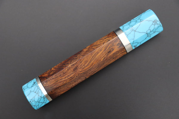 Takeshi Saji Wa Sujihiki TSBO-16 Wa Sujihiki 240mm (9.4 Inch) / 8. Octagonal Desert Ironwood Handle with Nickel Silver Spacers and a Turquoise Gem Composite Stone Ferrule & Butt +US$140 “Build Your Dream Knife” Takeshi Saji VG-10W Custom Rainbow Damascus TSBO-16 Wa Sujihiki 240mm (9.4 Inch)