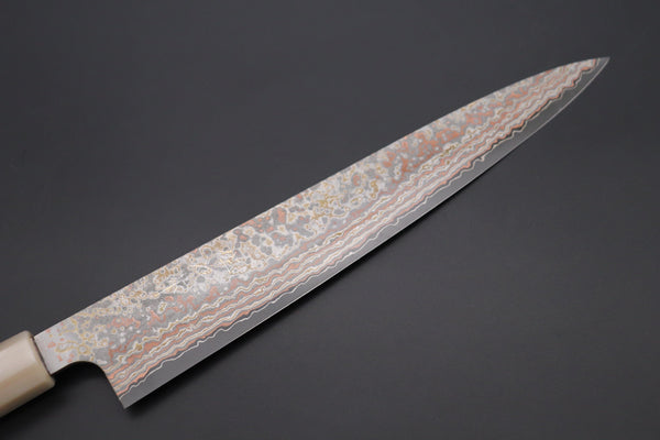 Takeshi Saji Wa Sujihiki Takeshi Saji SUMMIT ― Limited Edition Custom Series VG-10W Multi-Colored Golden-Rainbow Damascus Wa Sujihiki 240mm (9.4 Inch, STCL-304)