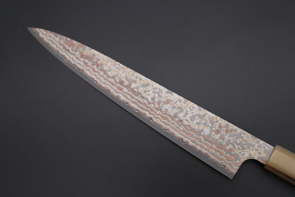 Takeshi Saji Wa Sujihiki Takeshi Saji SUMMIT ― Limited Edition Custom Series VG-10W Multi-Colored Golden-Rainbow Damascus Wa Sujihiki 240mm (9.4 Inch, STCL-305)