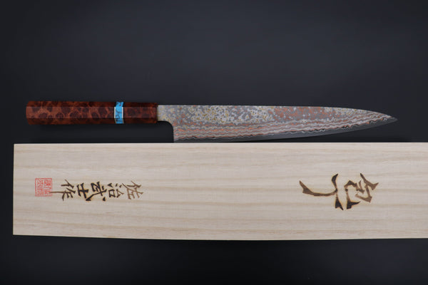 Takeshi Saji Wa Sujihiki Takeshi Saji SUMMIT ― Limited Edition Custom Series VG-10W Multi-Colored Golden-Rainbow Damascus Wa Sujihiki 240mm (9.4 Inch, STCL-306)