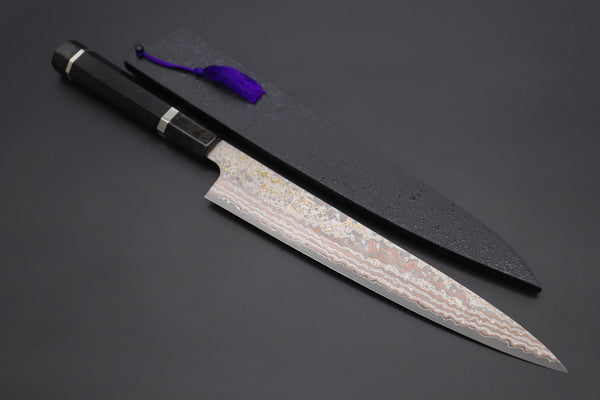 Takeshi Saji Wa Sujihiki Takeshi Saji SUMMIT ― Limited Edition Custom Series VG-10W Multi-Colored Golden-Rainbow Damascus Wa Sujihiki 240mm (9.4 Inch, STCL-307)