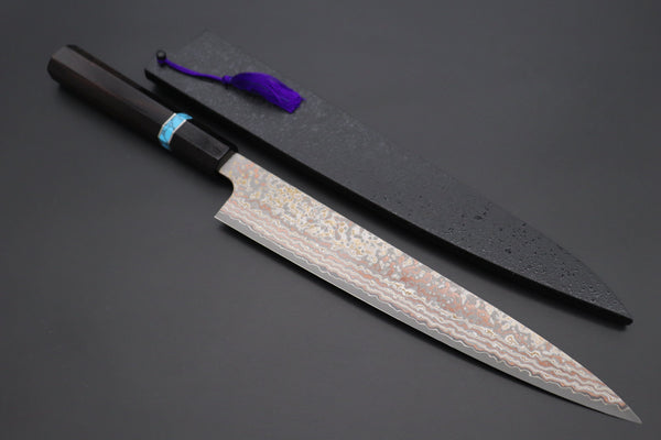 Takeshi Saji Wa Sujihiki Takeshi Saji SUMMIT ― Limited Edition Custom Series VG-10W Multi-Colored Golden-Rainbow Damascus Wa Sujihiki 240mm (9.4 Inch, STCL-308)