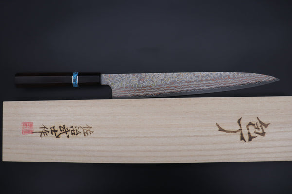 Takeshi Saji Wa Sujihiki Takeshi Saji SUMMIT ― Limited Edition Custom Series VG-10W Multi-Colored Golden-Rainbow Damascus Wa Sujihiki 270mm (10.6 Inch, STCL-310)