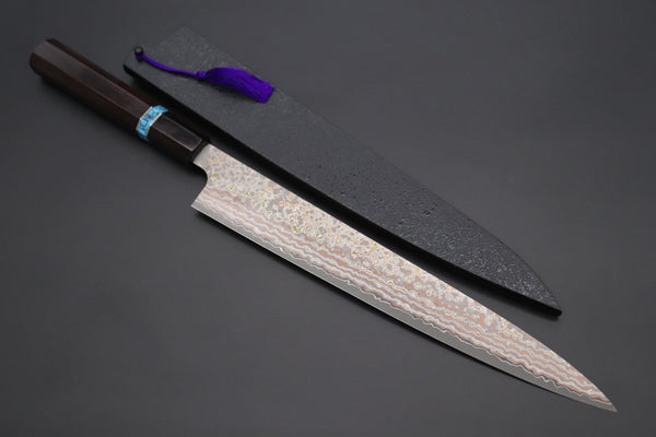 Takeshi Saji Wa Sujihiki Takeshi Saji SUMMIT ― Limited Edition Custom Series VG-10W Multi-Colored Golden-Rainbow Damascus Wa Sujihiki 270mm (10.6 Inch, STCL-310)