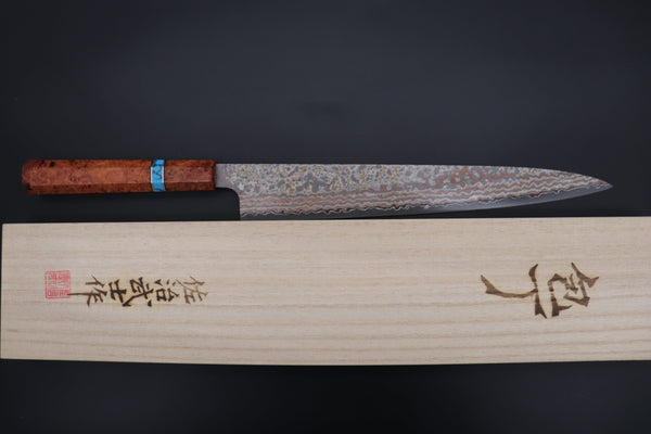 Takeshi Saji Wa Sujihiki Takeshi Saji SUMMIT ― Limited Edition Custom Series VG-10W Multi-Colored Golden-Rainbow Damascus Wa Sujihiki 270mm (10.6 Inch, STCL-311)