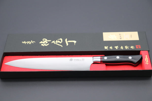 Hattori Gyuto Hattori 傘 SAN-GECKO Limited Edition GECKO-19D Gyuto 210mm (8.2 Inch, Linen Micarta / Strawberry Hybrid-Resin Handle)