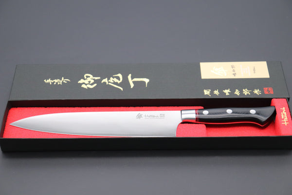 Hattori Gyuto Hattori 傘 SAN-GECKO Limited Edition GECKO-19E Gyuto 210mm (8.2 Inch, Linen Micarta / Strawberry Hybrid-Resin Handle)