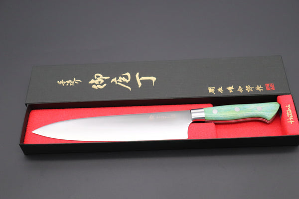 Hattori Gyuto Hattori 傘 SAN-GECKO Limited Edition GECKO-6B-8 Gyuto 210mm (8.2 Inch, Emerald Green Camel Bone Handle)