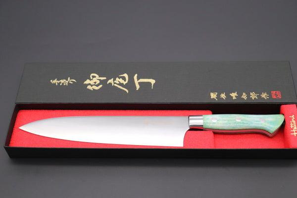 Hattori Gyuto Hattori 傘 SAN-GECKO Limited Edition GECKO-6B-9 Gyuto 210mm (8.2 Inch, Emerald Green Camel Bone Handle)