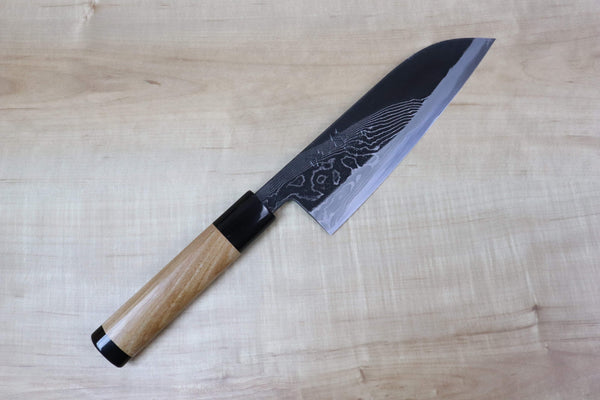 Tsukasa Hinoura Custom Knife "Tobi-Mon" Wa Santoku 170mm (6.6 inch, TH-6, Enjyu Wood Handle with Water Buffalo Horn Ferrule & Butt) - JapaneseChefsKnife.Com