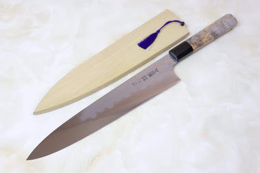 Mizuno Tanrenjo Wa Gyuto Wa Gyuto 240mm(9.4 inch) / Octagon Shaped Artistic Gray Color Stabilized Maple Burl Wood Handle with Water Buffalo Horn Ferrule / Regular (Without Honba-Duke Sharpening Service) Mizuno Tanrenjo Akitada Honyaki Series - Special Custom Order "KS-Style" White Steel Wa-Gyuto (MTHYKS-SP-4)